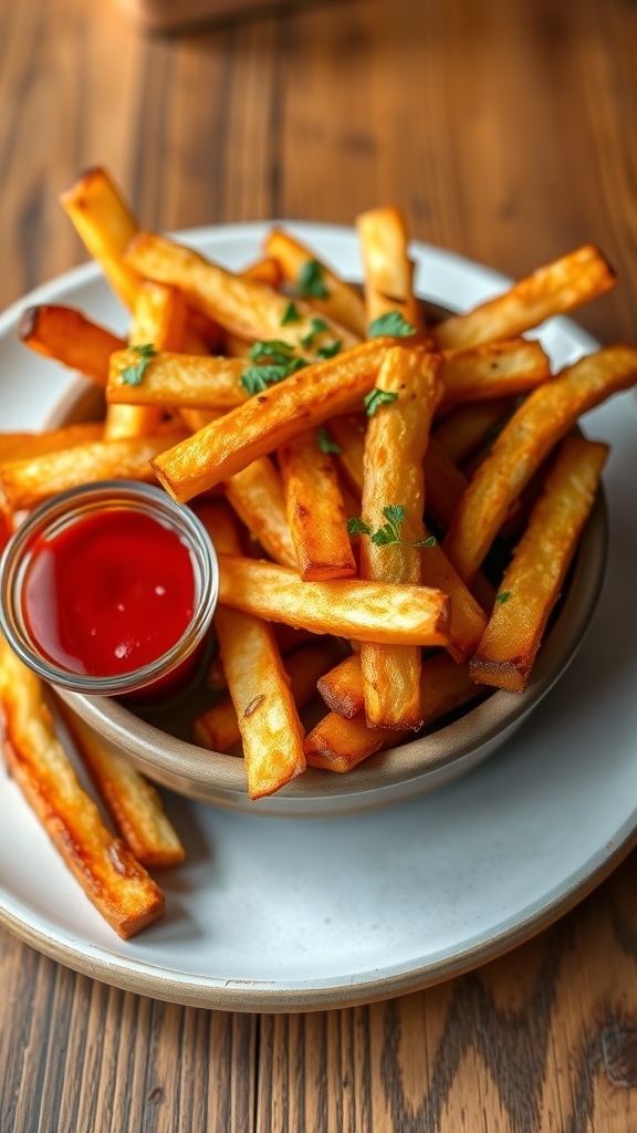 Crispy Air Fryer Steak Cut Fries Recipe Crispy steak cut fries served in a bowl with fresh herbs and ketchup on a wooden table.